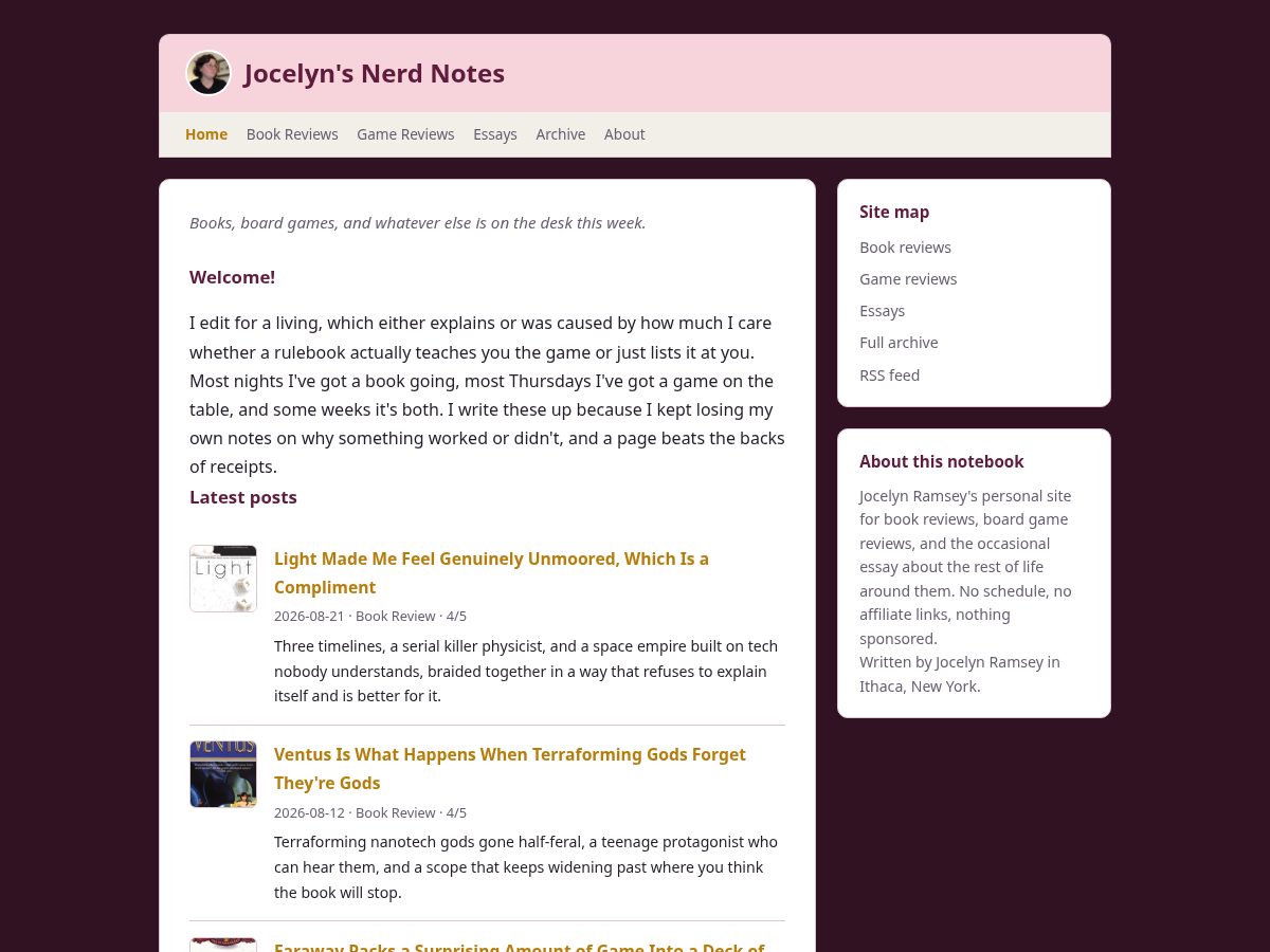 Landing-page snapshot of jocelynsnerdnotes.com