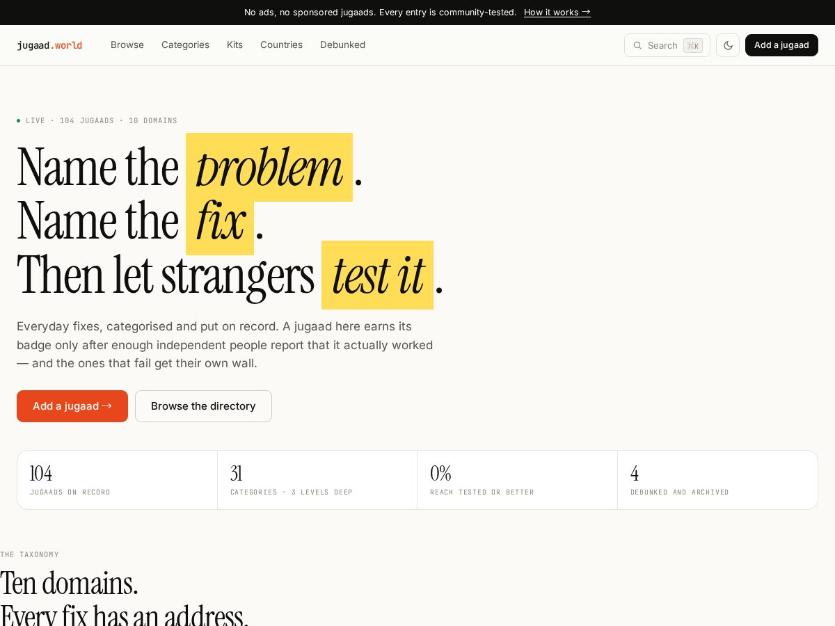 Landing-page snapshot of jugaad.world