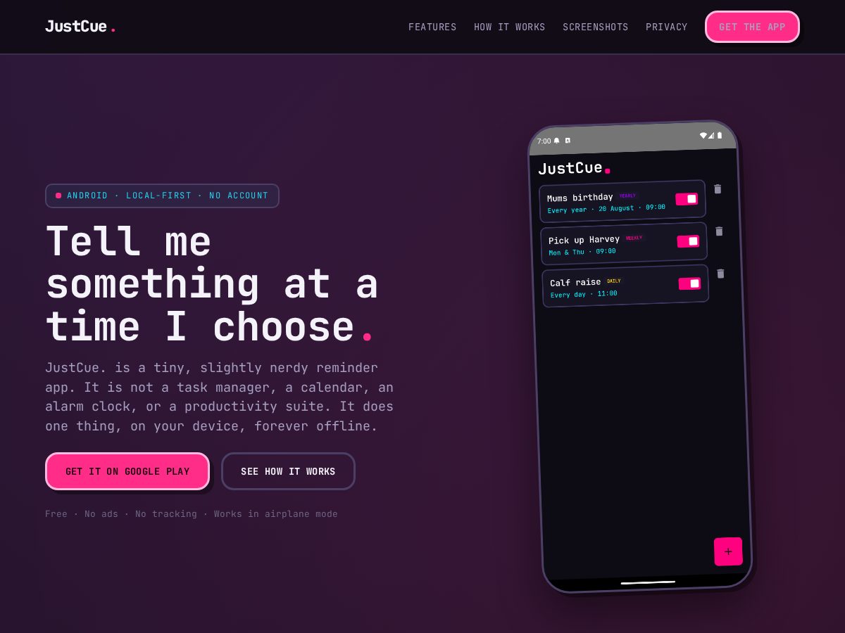 Landing-page snapshot of justcue.dev