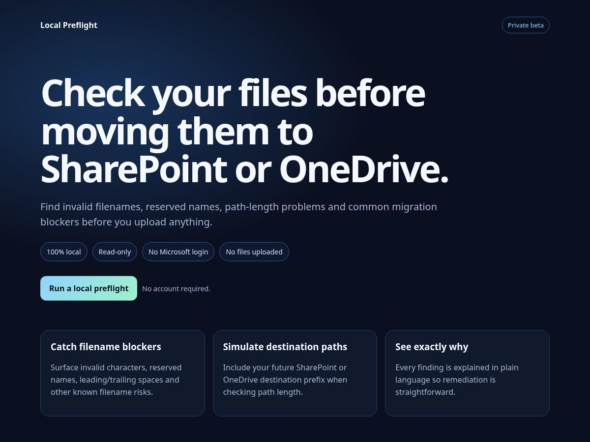 Landing-page snapshot of localpreflight.com