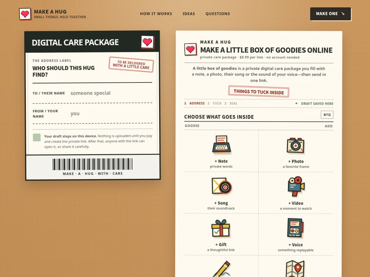 Landing-page snapshot of makeahug.com