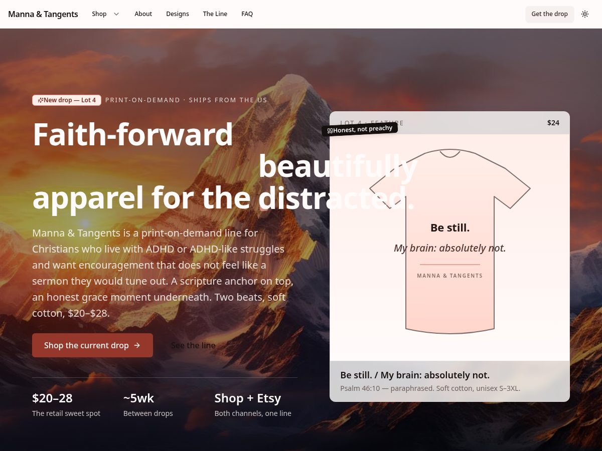 Landing-page snapshot of mannaandtangents.shop