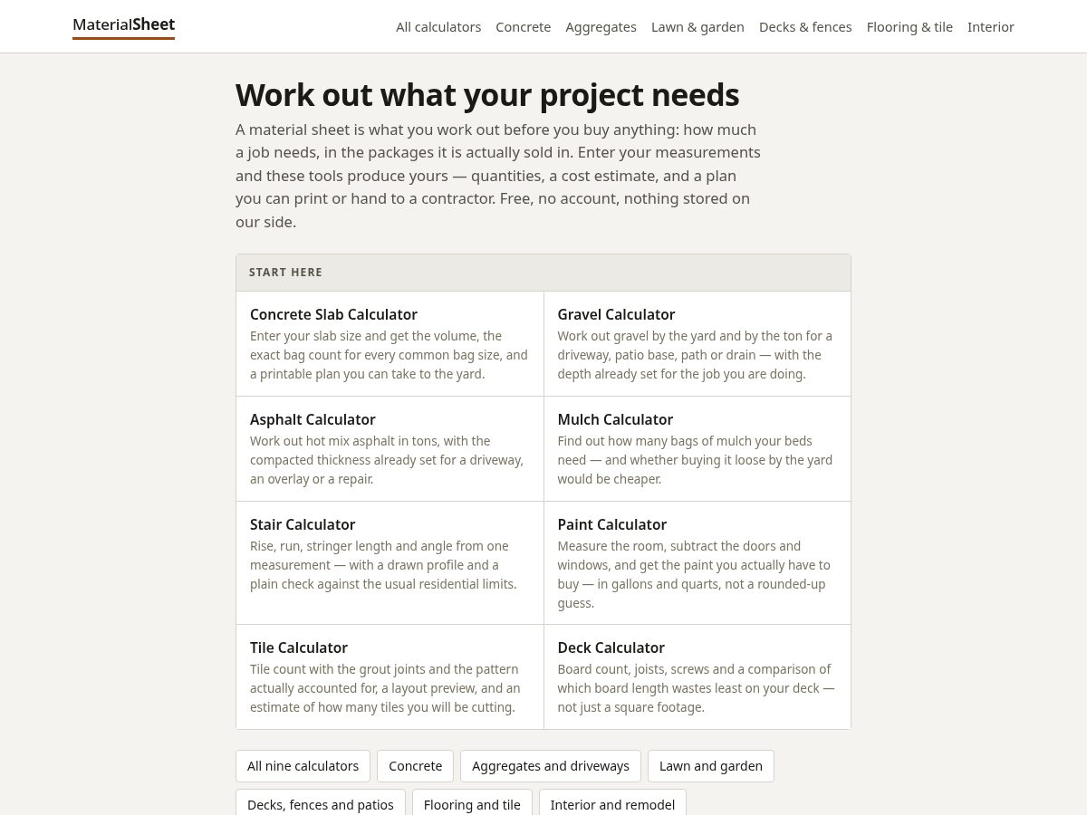 Landing-page snapshot of materialsheet.com