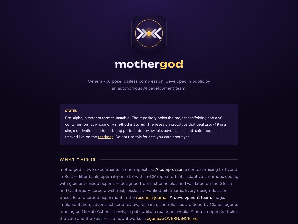 Landing-page snapshot of mothergod.dev