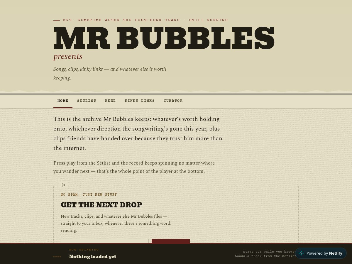 Landing-page snapshot of mrbubblespresents.com