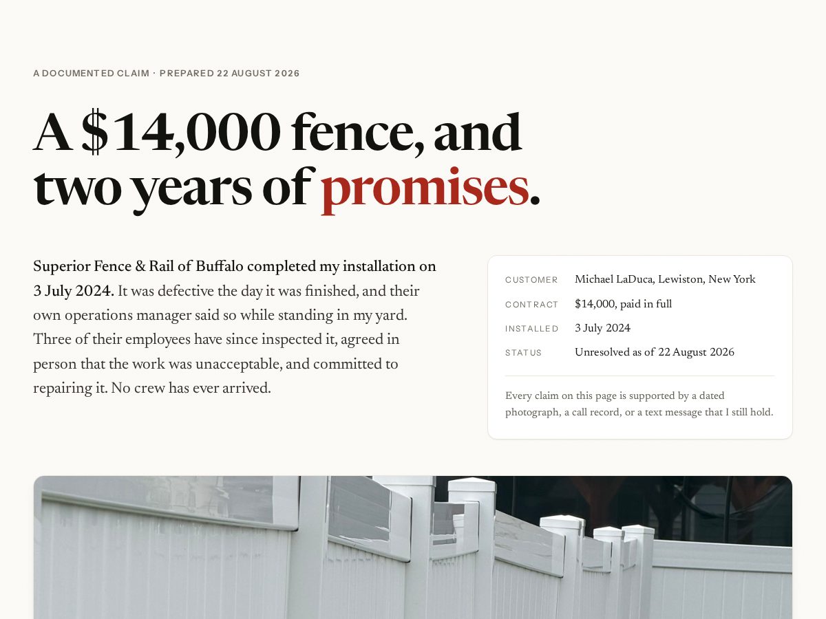 Landing-page snapshot of mysuperiorfenceandrailreview.com