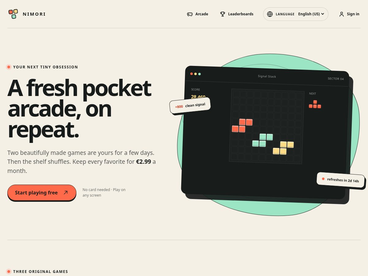 Landing-page snapshot of nimori.games