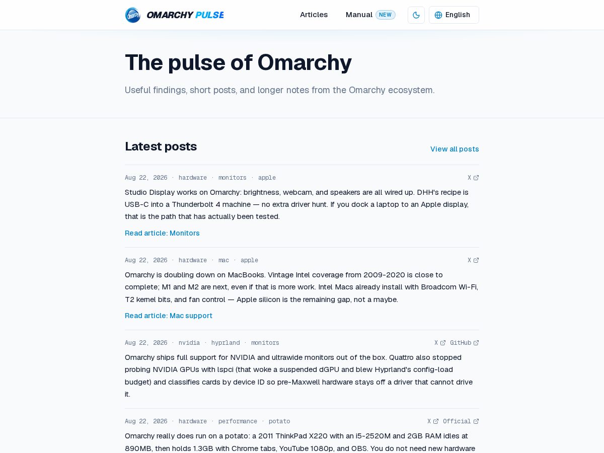 Landing-page snapshot of omarchypulse.com
