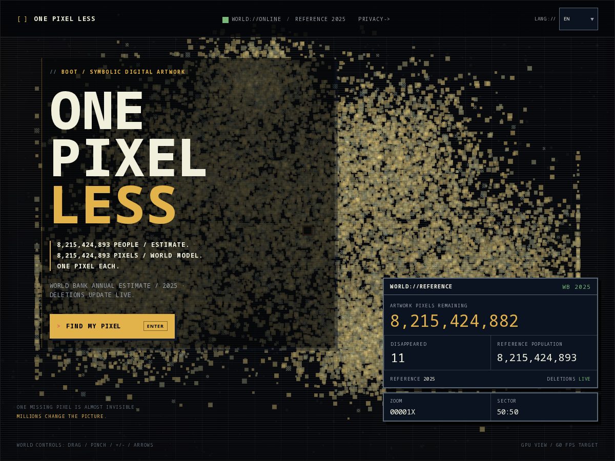 Landing-page snapshot of onepixelless.art