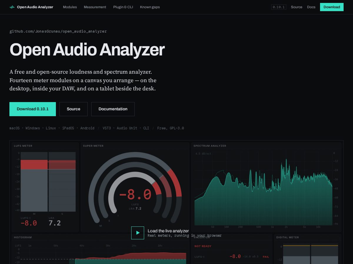Landing-page snapshot of open-audio-analyzer.com