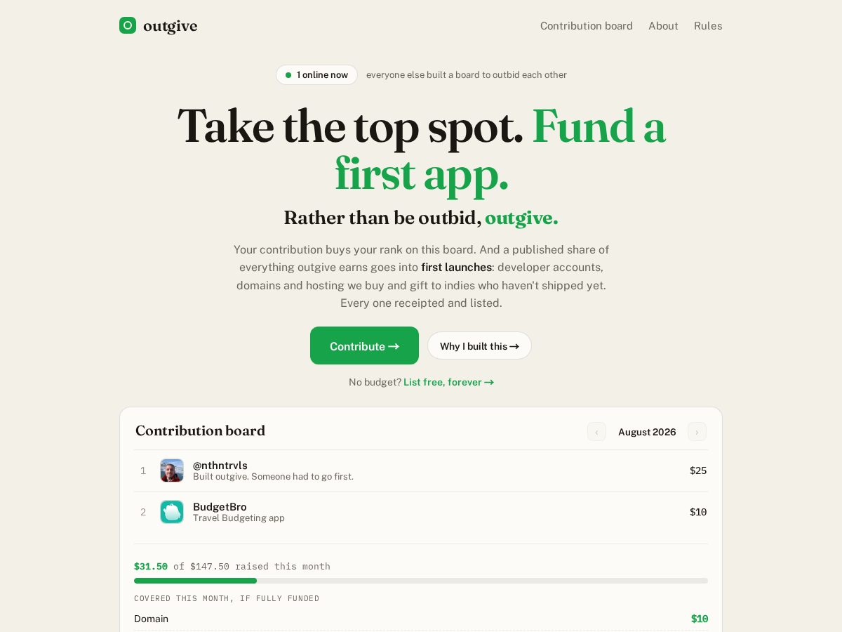 Landing-page snapshot of outgive.dev