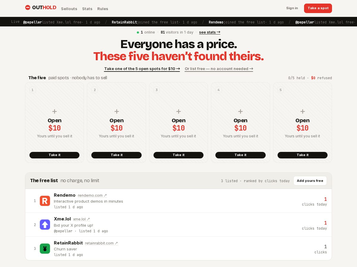 Landing-page snapshot of outhold.lol