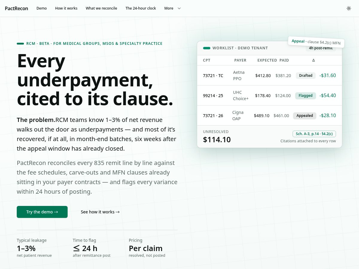 Landing-page snapshot of pactrecon.com