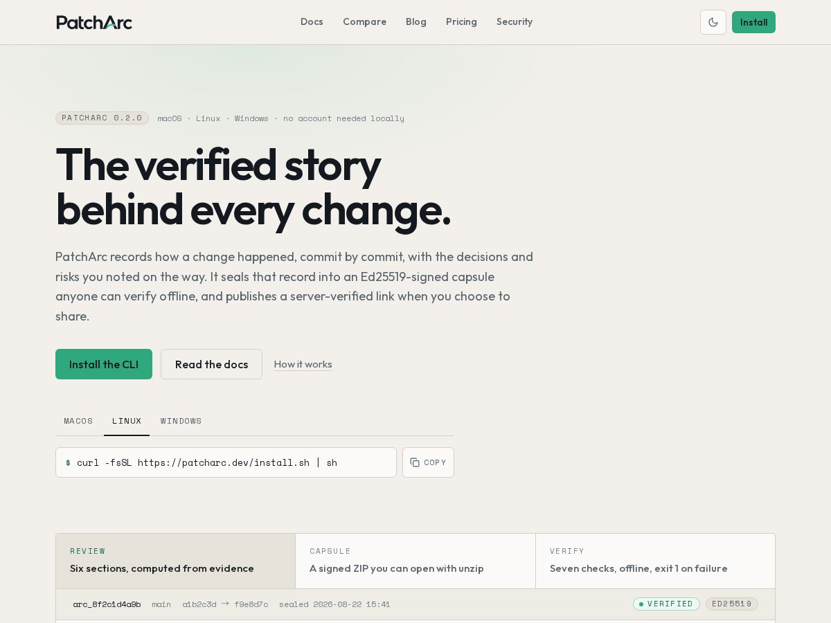 Landing-page snapshot of patcharc.dev