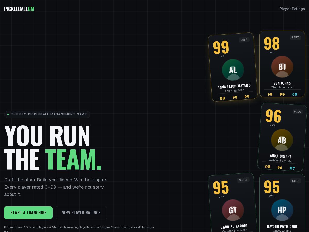 Landing-page snapshot of pickleballmanagergame.com