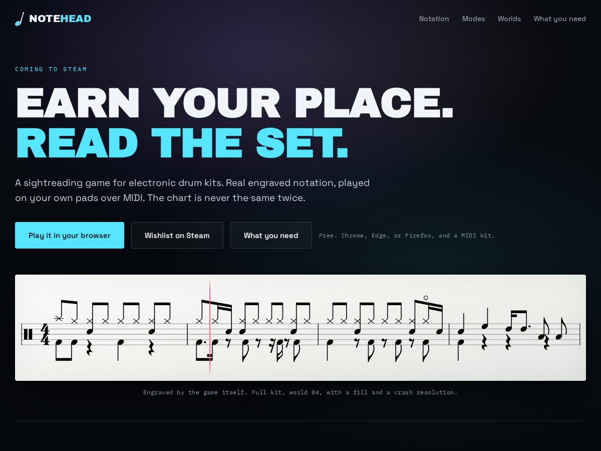 Landing-page snapshot of playnotehead.com