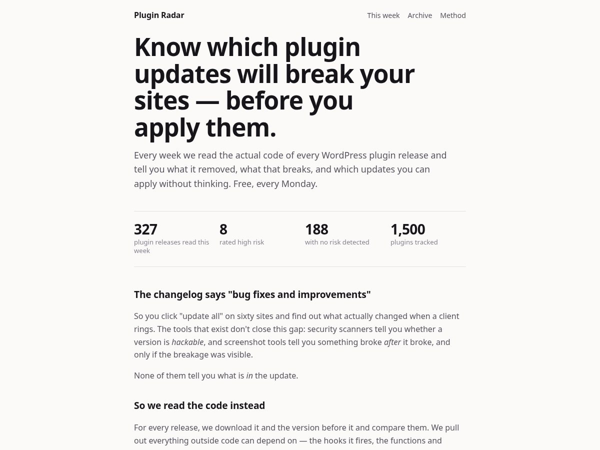 Landing-page snapshot of pluginradar.dev