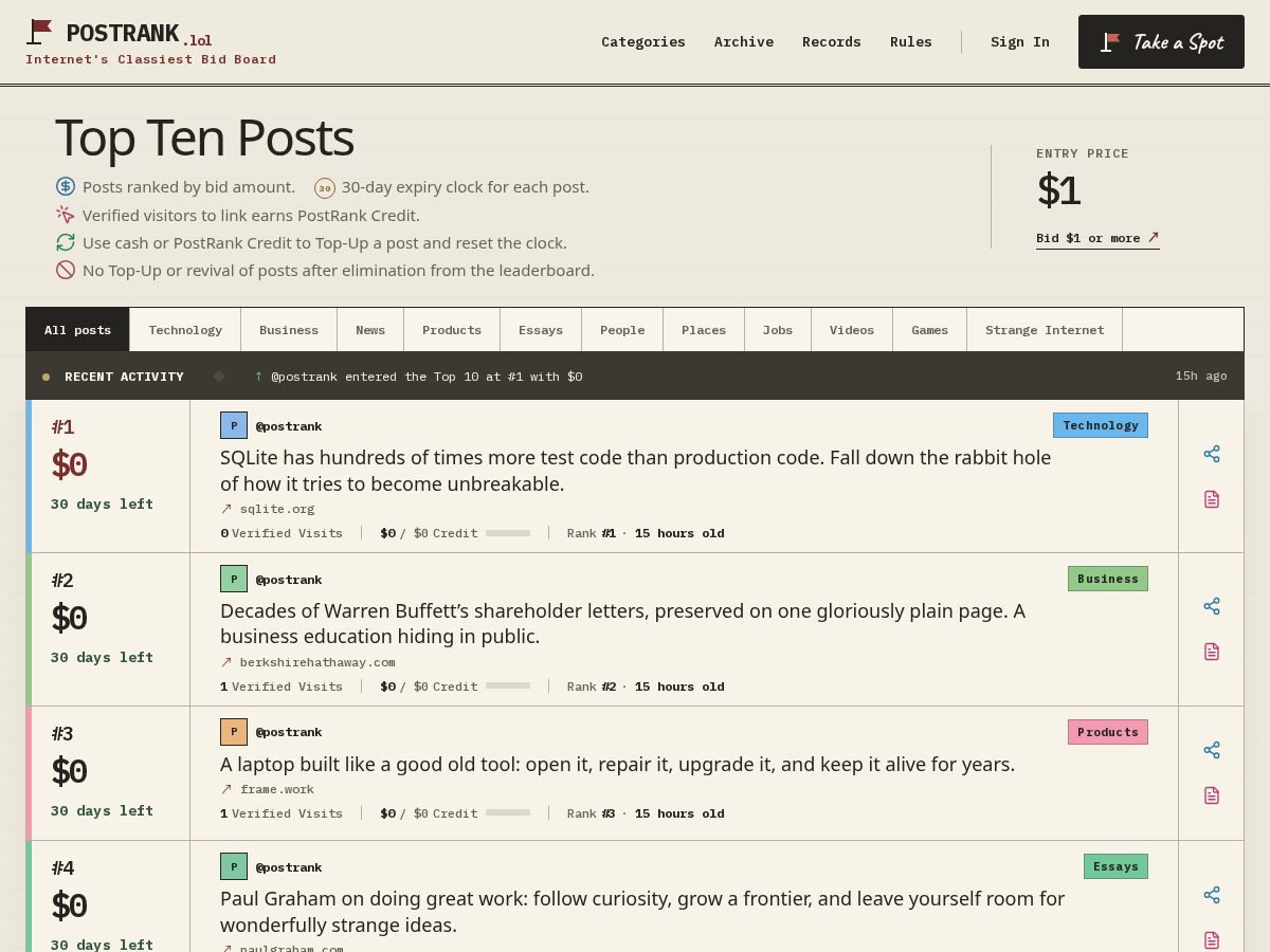 Landing-page snapshot of postrank.lol