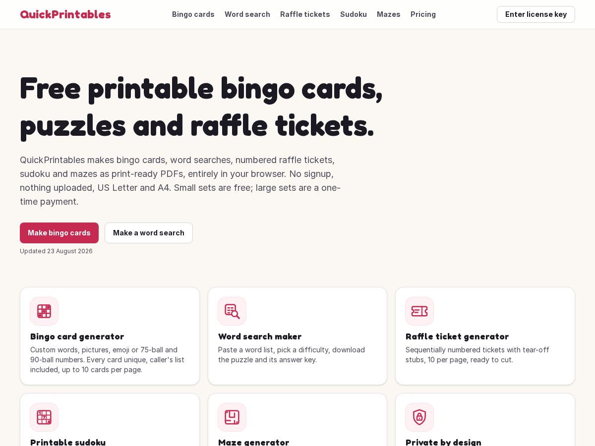 Landing-page snapshot of quickprintables.com