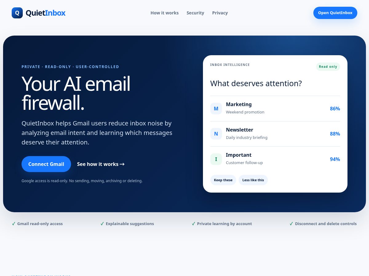 Landing-page snapshot of quietinboxapp.com