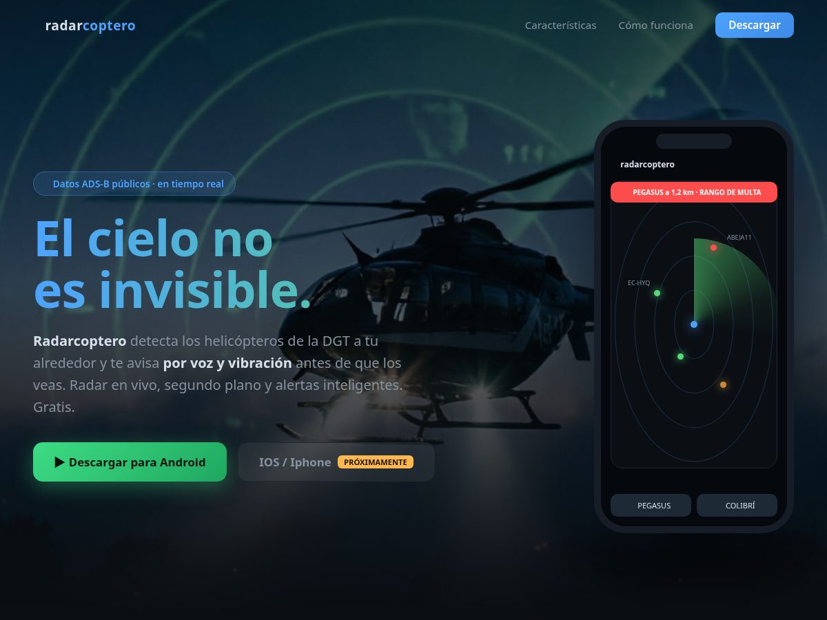 Landing-page snapshot of radarcoptero.com