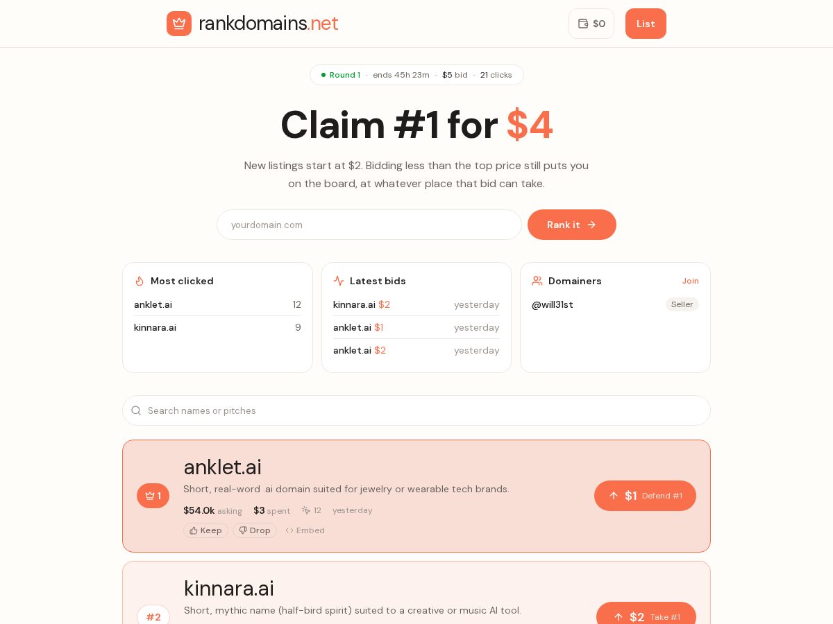 Landing-page snapshot of rankdomains.net