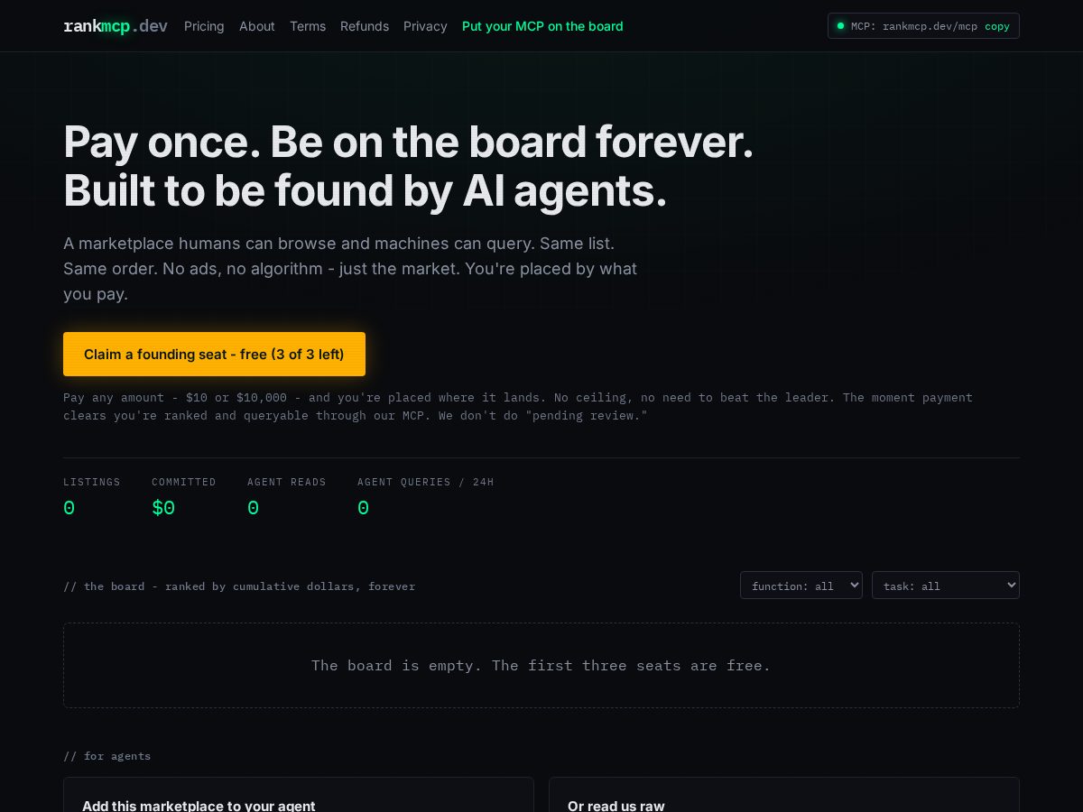 Landing-page snapshot of rankmcp.dev