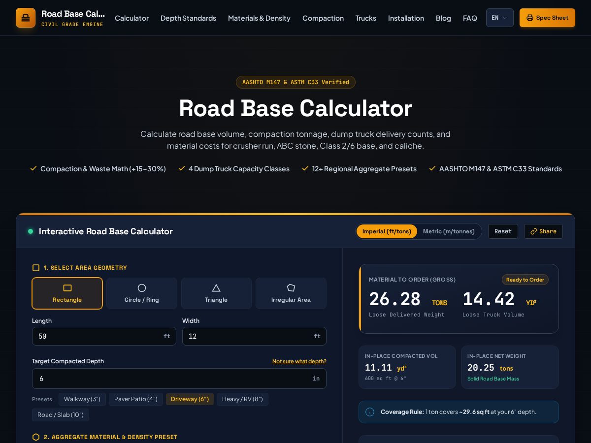 Landing-page snapshot of roadbasecalculator.com