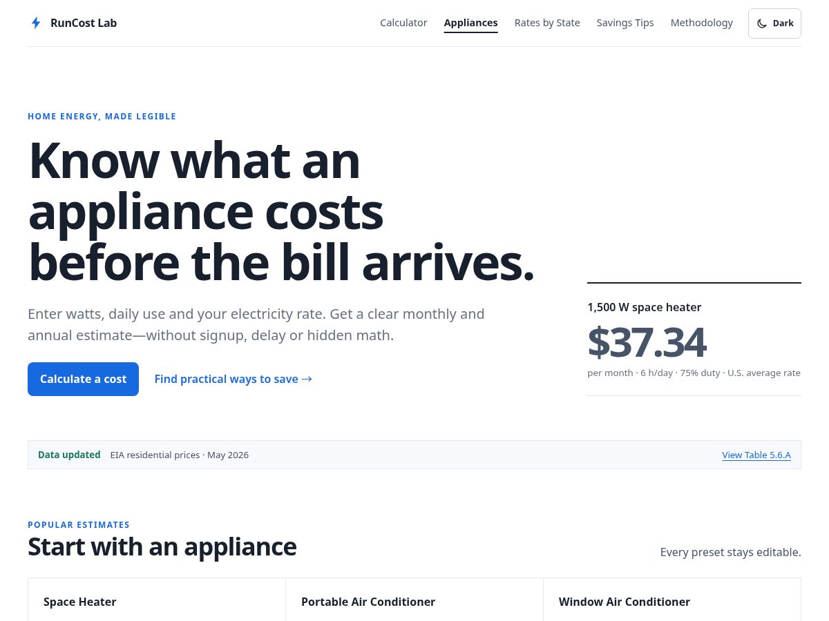 Landing-page snapshot of runcostlab.com