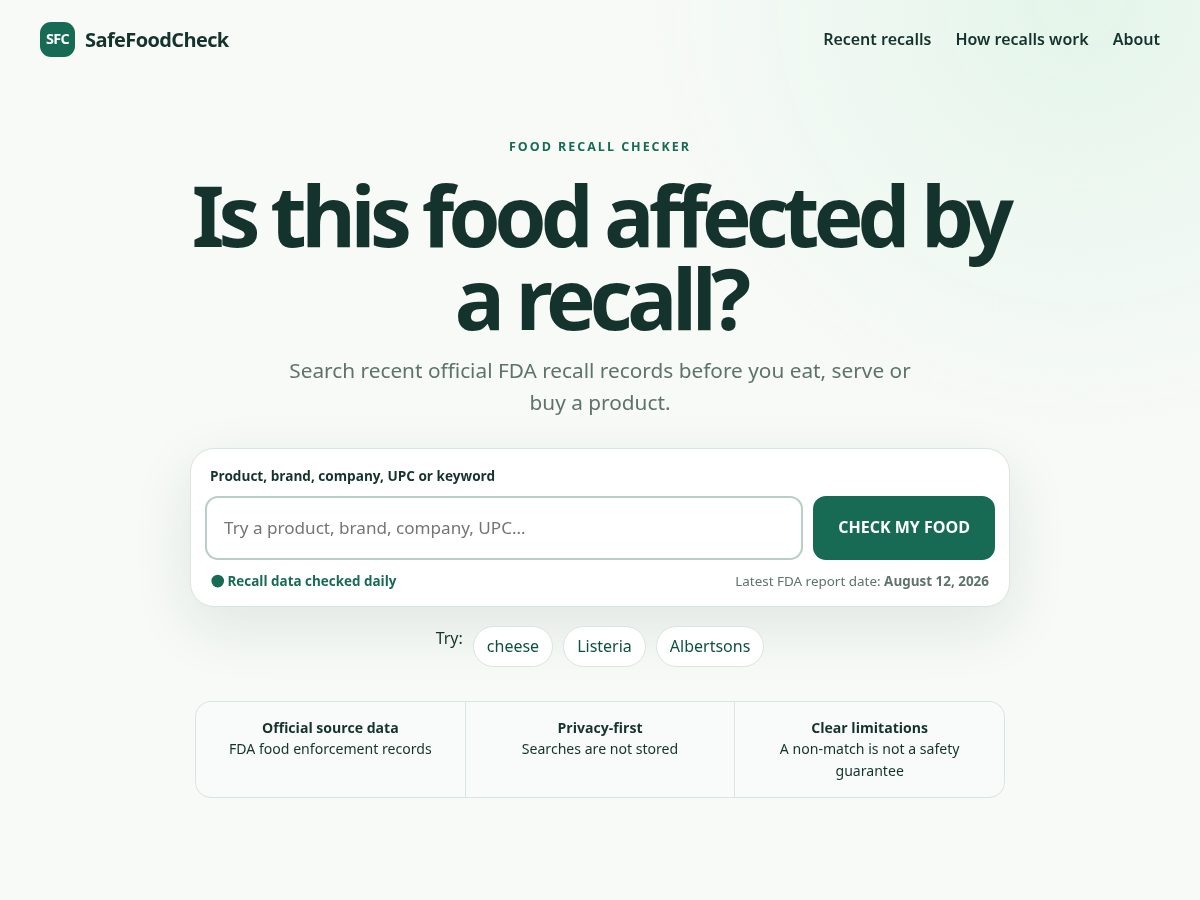 Landing-page snapshot of safefoodcheck.com