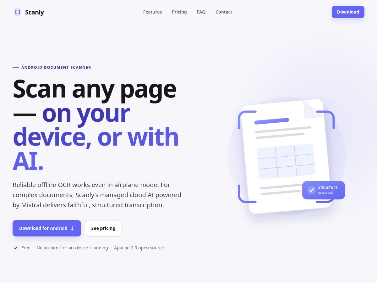 Landing-page snapshot of scanlyocr.com
