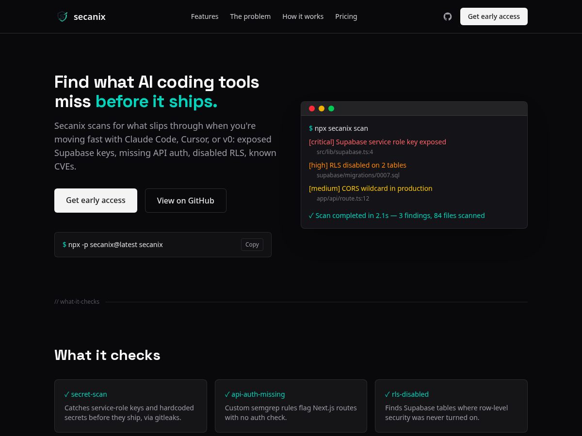 Landing-page snapshot of secanix.com