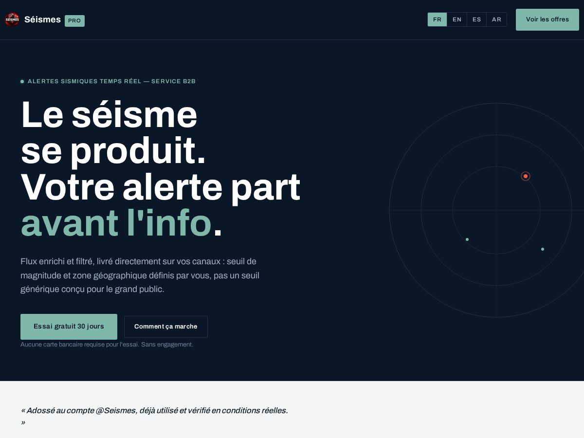 Landing-page snapshot of seismes.pro