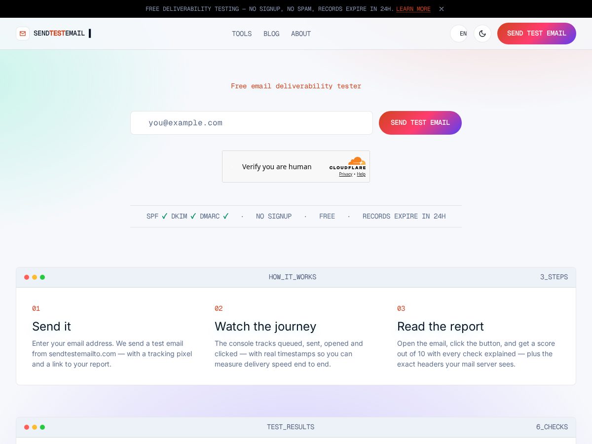 Landing-page snapshot of sendtestemailto.com