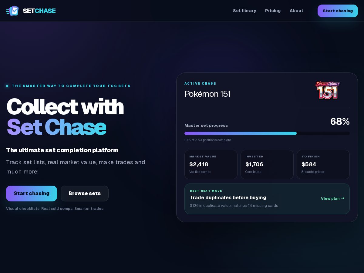 Landing-page snapshot of setchasetcg.com