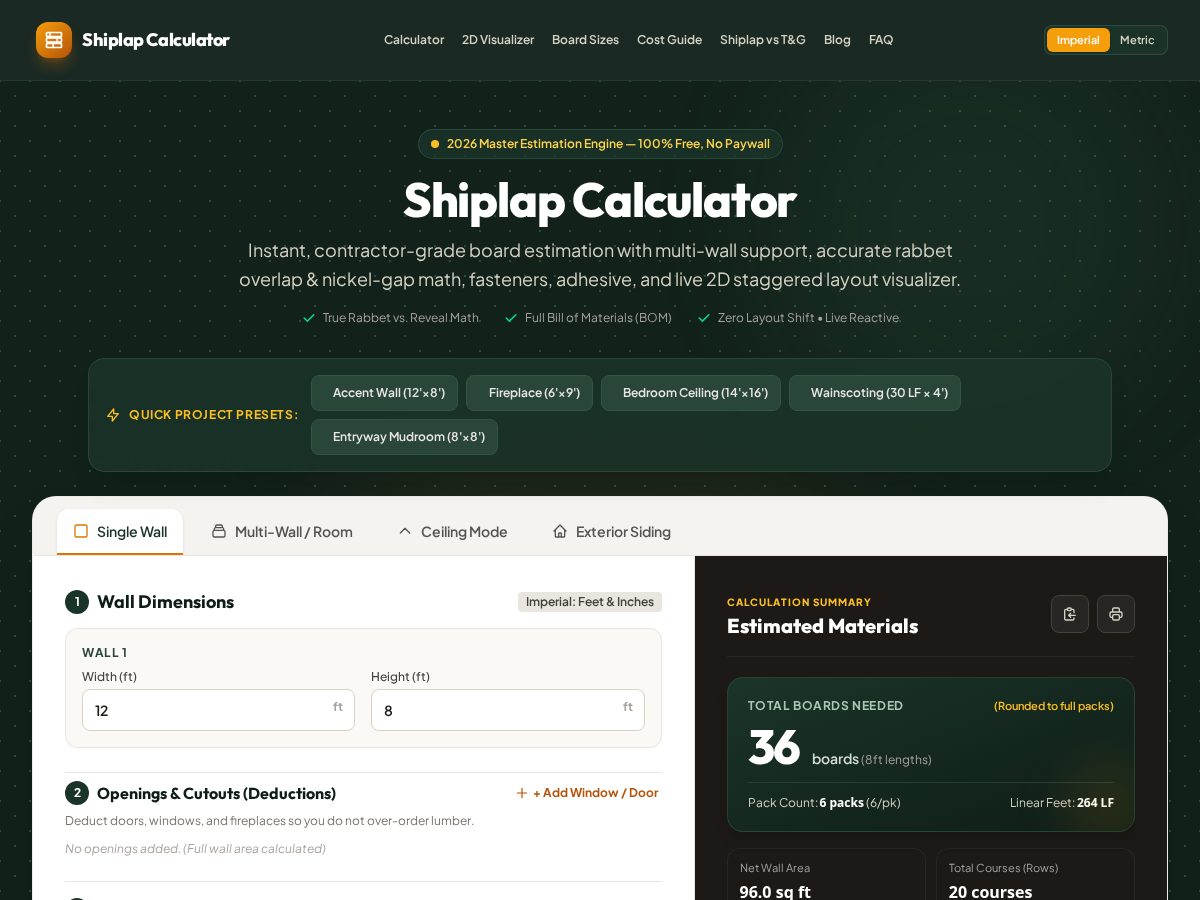 Landing-page snapshot of shiplapcalculator.com