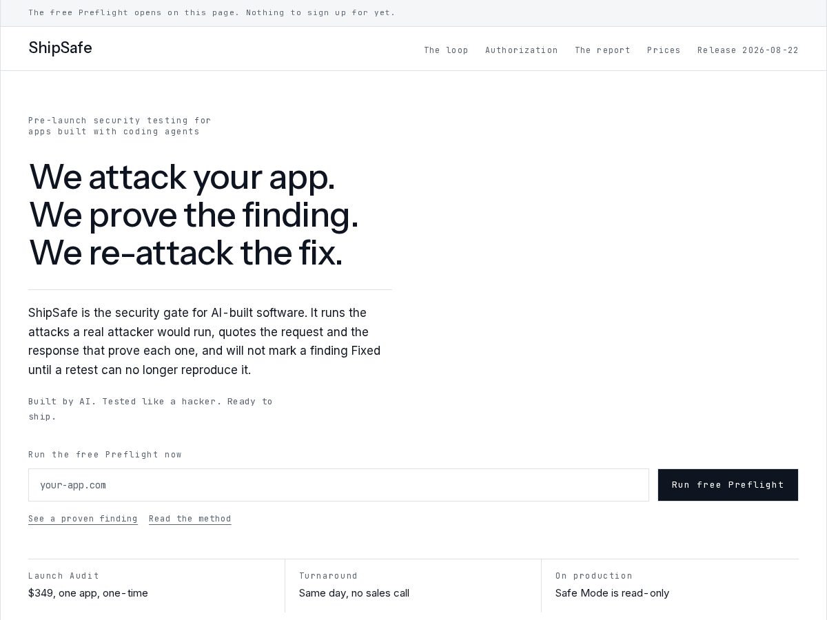 Landing-page snapshot of shipsafehq.com