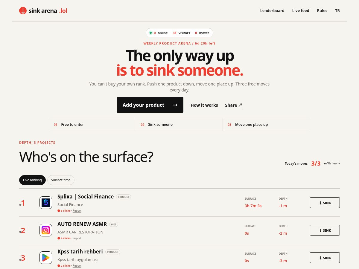 Landing-page snapshot of sinkarena.lol