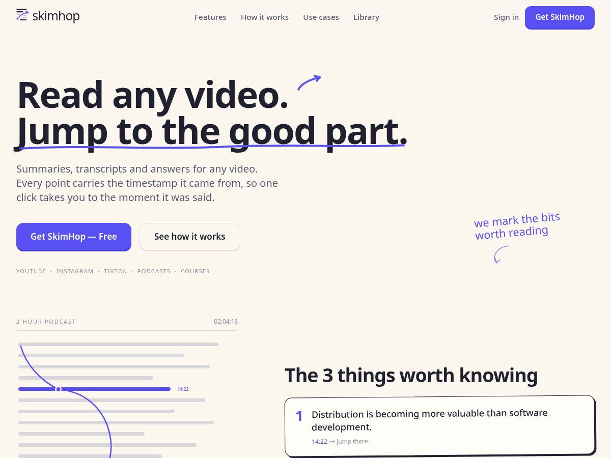 Landing-page snapshot of skimhop.com