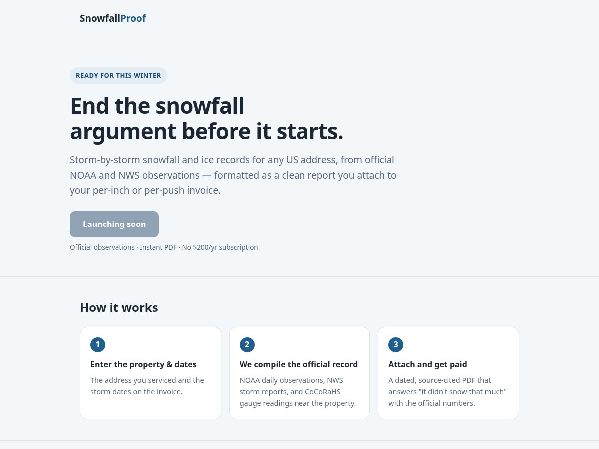 Landing-page snapshot of snowfallproof.com