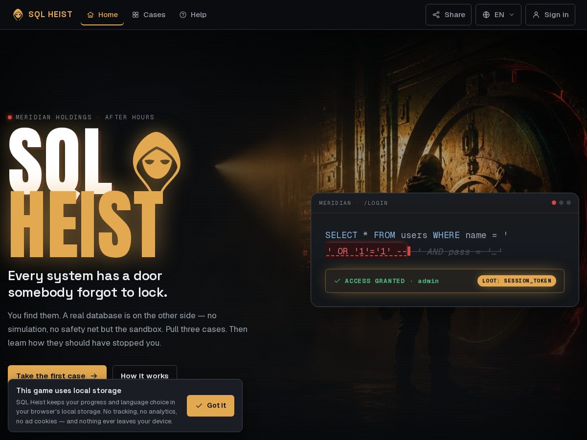 Landing-page snapshot of sqlheist.com
