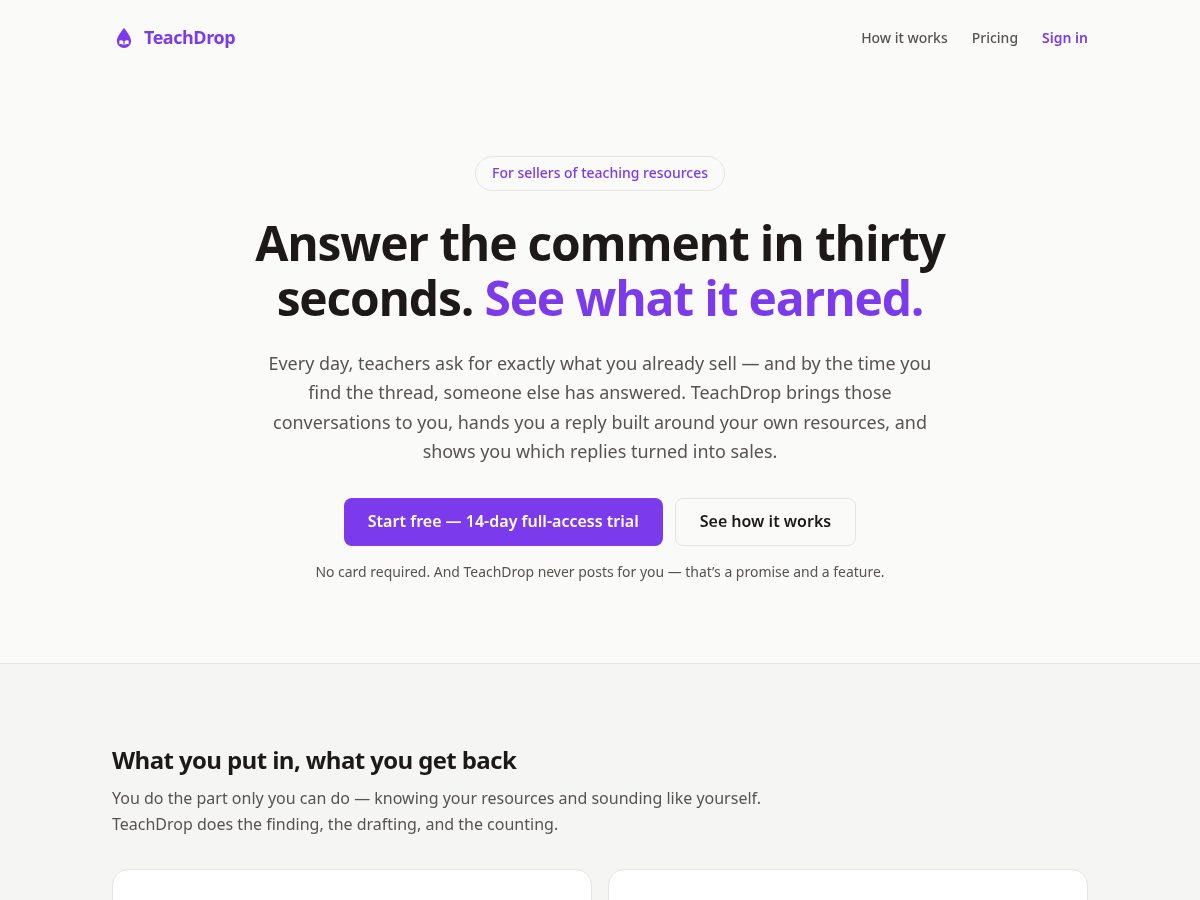 Landing-page snapshot of teachdrop.org