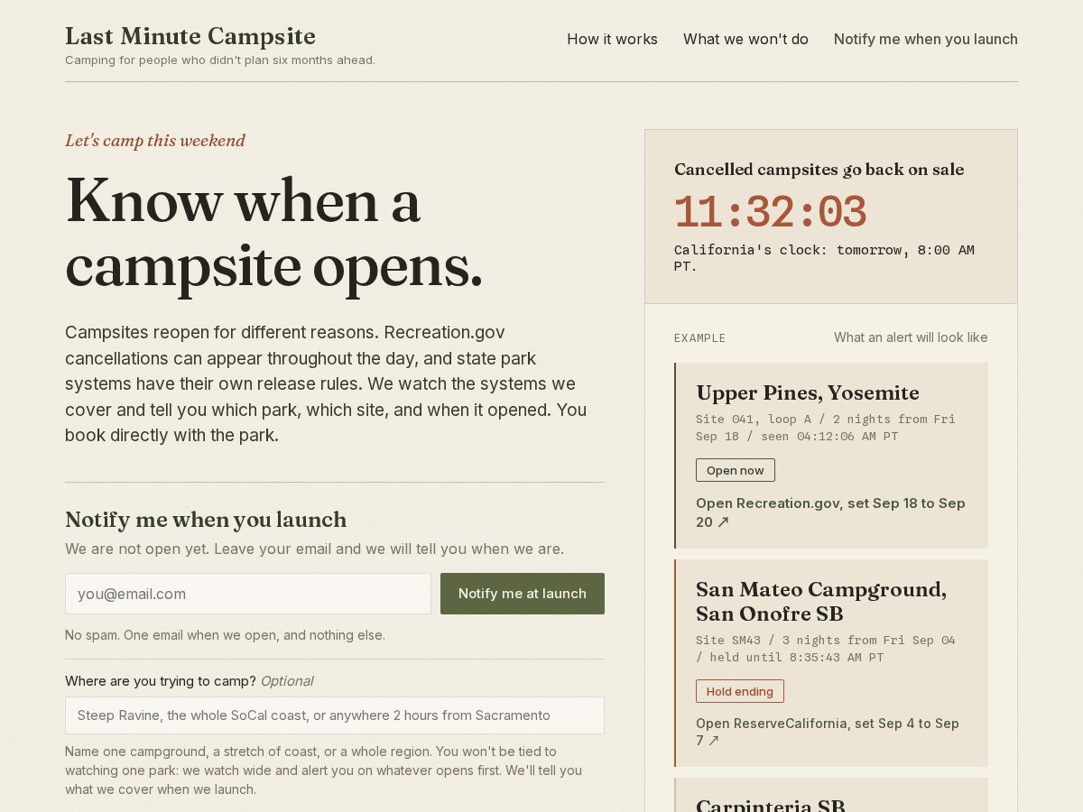 Landing-page snapshot of thelastminutecamper.com