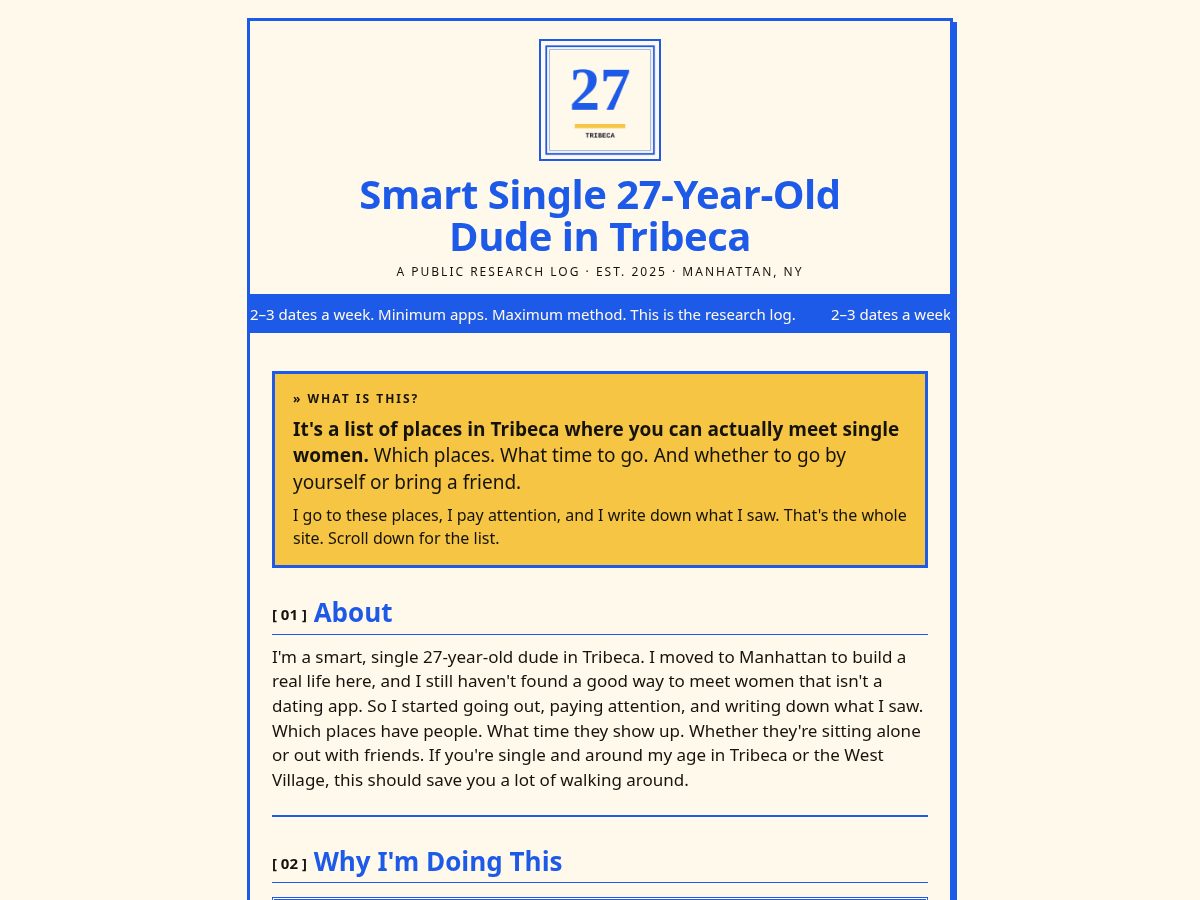 Landing-page snapshot of thesmartsingledudeintribeca.com