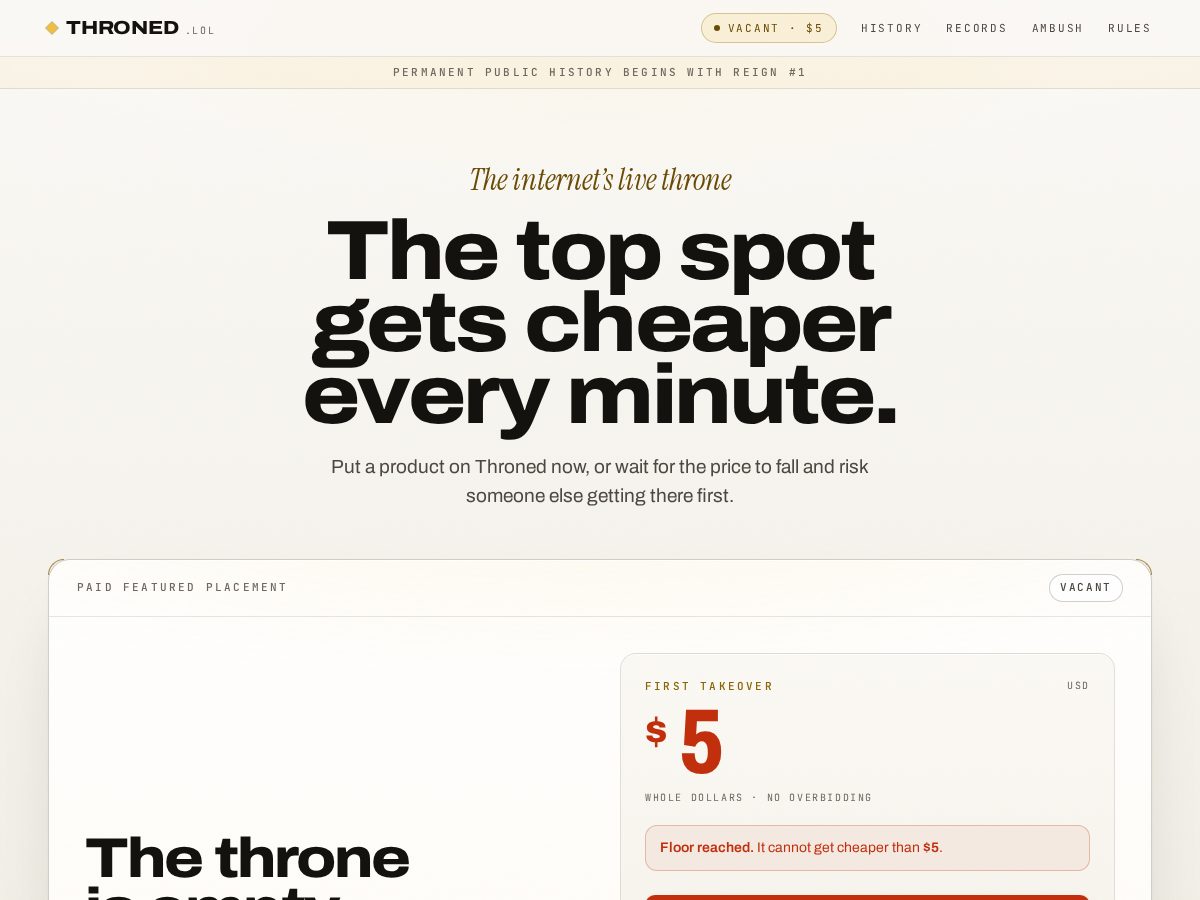 Landing-page snapshot of throned.lol