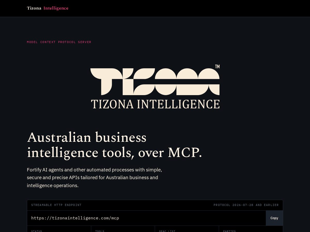 Landing-page snapshot of tizonaintelligence.com