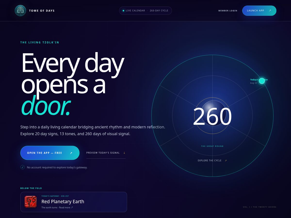 Landing-page snapshot of tomeofdays.com