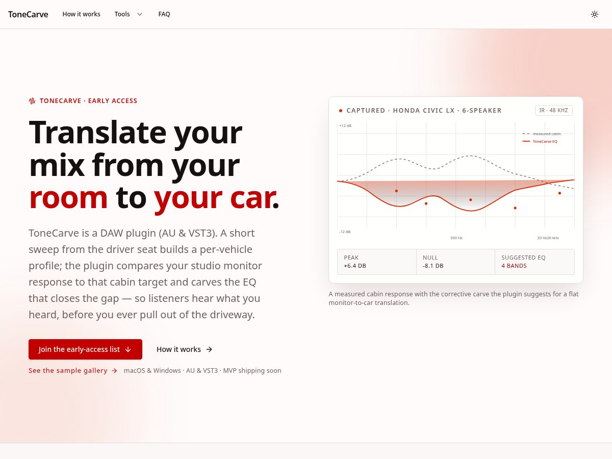 Landing-page snapshot of tonecarve.com