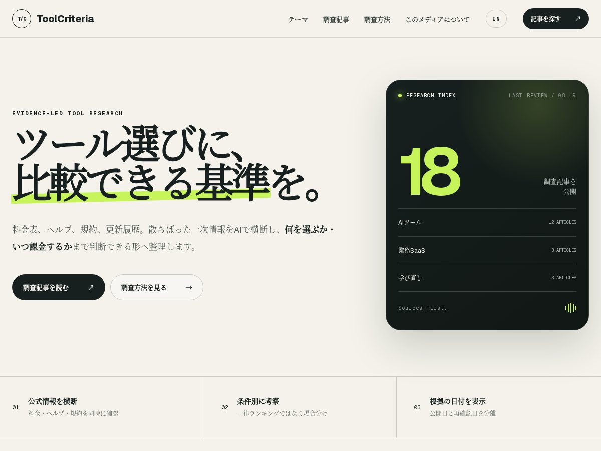 Landing-page snapshot of toolcriteria.com