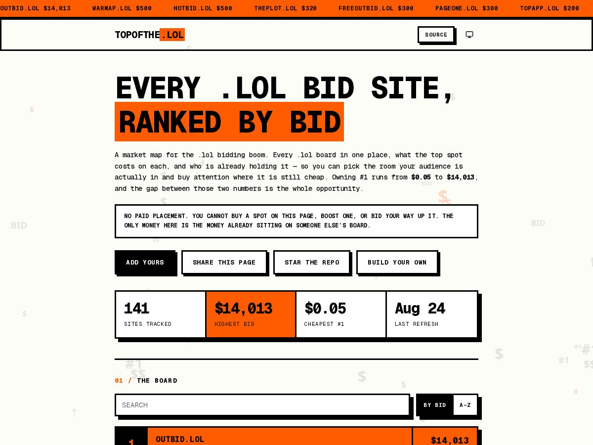 Landing-page snapshot of topofthe.lol